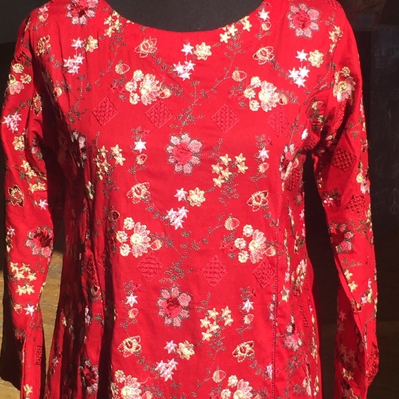 Embroidered Rich Red Floral Long Sleeve dress - Picture 4 of 6